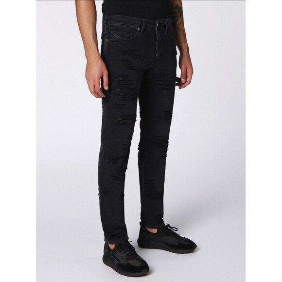 $228 Diesel Men's Buster Regular Slim Tapered Destroy Jeans 084PQ Black Size 34 - Picture 1 of 12